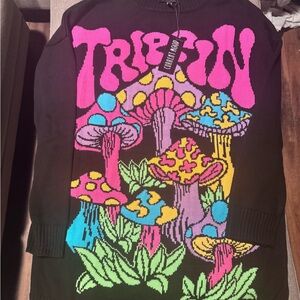 Current Mood trippin mushrooms Black and Pink Graphic Sweater